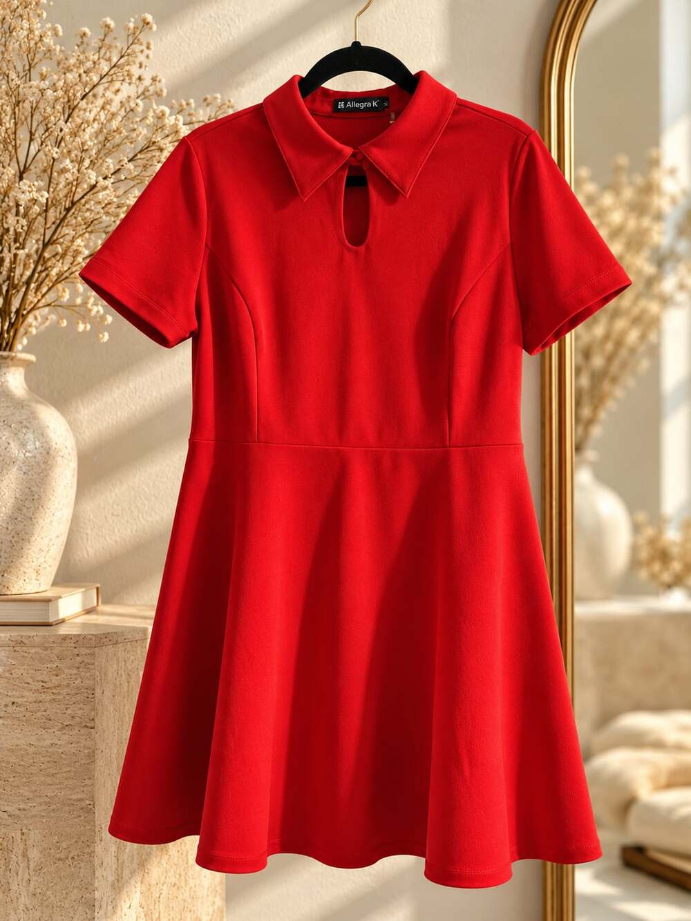 Allegra K Fit And Flare Turndown Collared Keyhole Dress Red XS